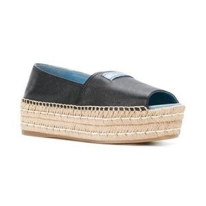 Prada Glace Etiquette Leather Peep-toe Espadrille In Black